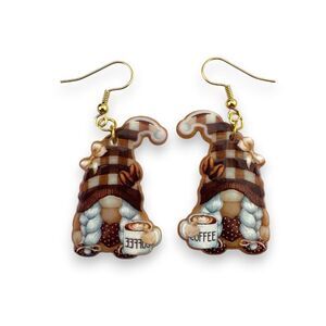 Coffee Break Gnome Earrings Gold Plated Earwires